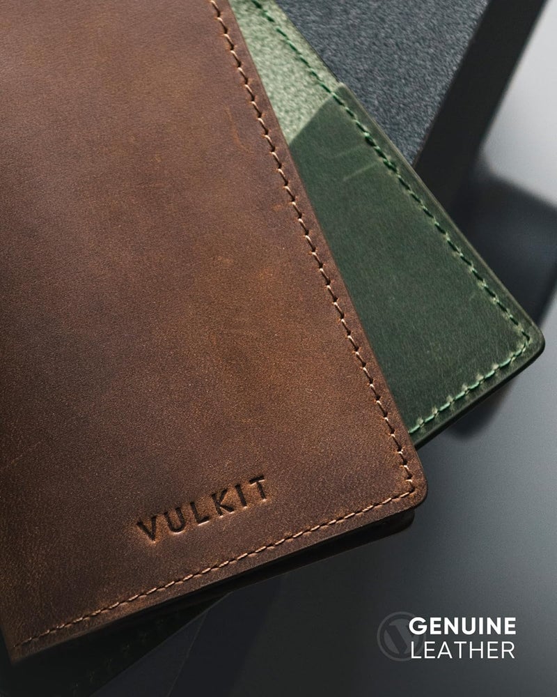 VULKIT حامل بطاقات العمل من الجلد الأصلي ذو جانبين نحيف منظم لبطاقات العمل للرجال أو النساء، يحمل حتى 20 بطاقة (بني داكن أصلي) - Image 2